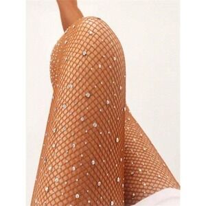 New Iridescent Rhinestone‎ Fishnet Tights Sparkle Crystal Pantyhose Tan Brown